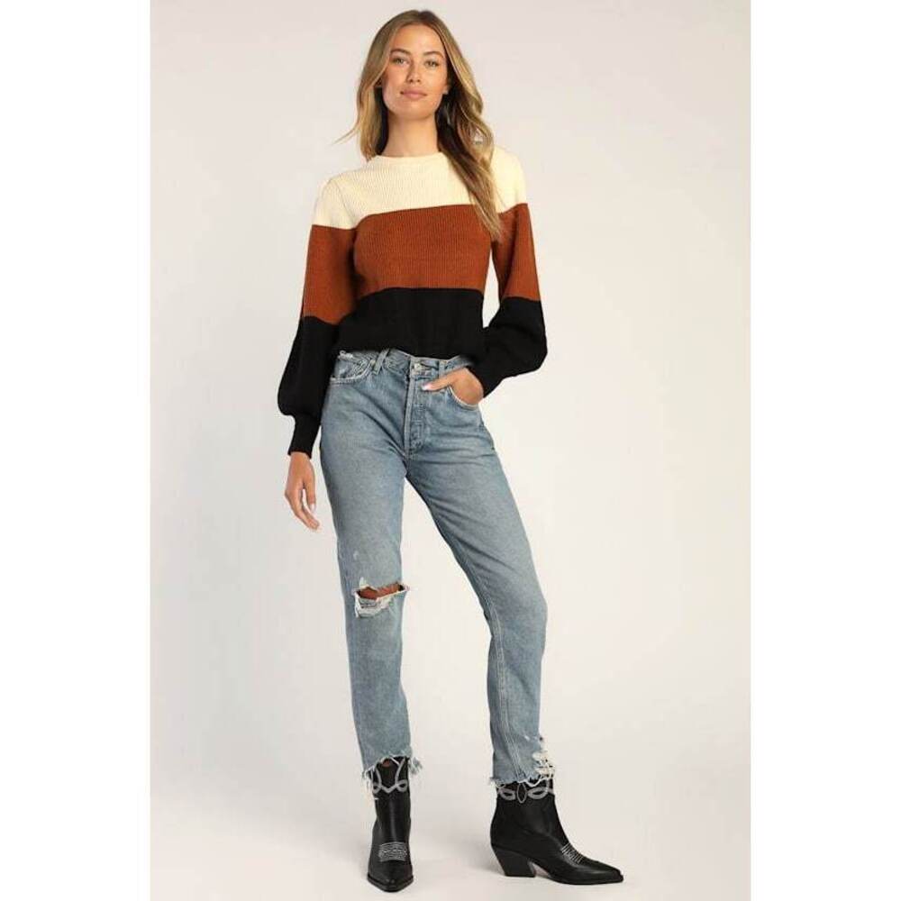 Lulus Open Book Color Block Balloon Sleeve Sweater Ivory,Brown,Black- Size M